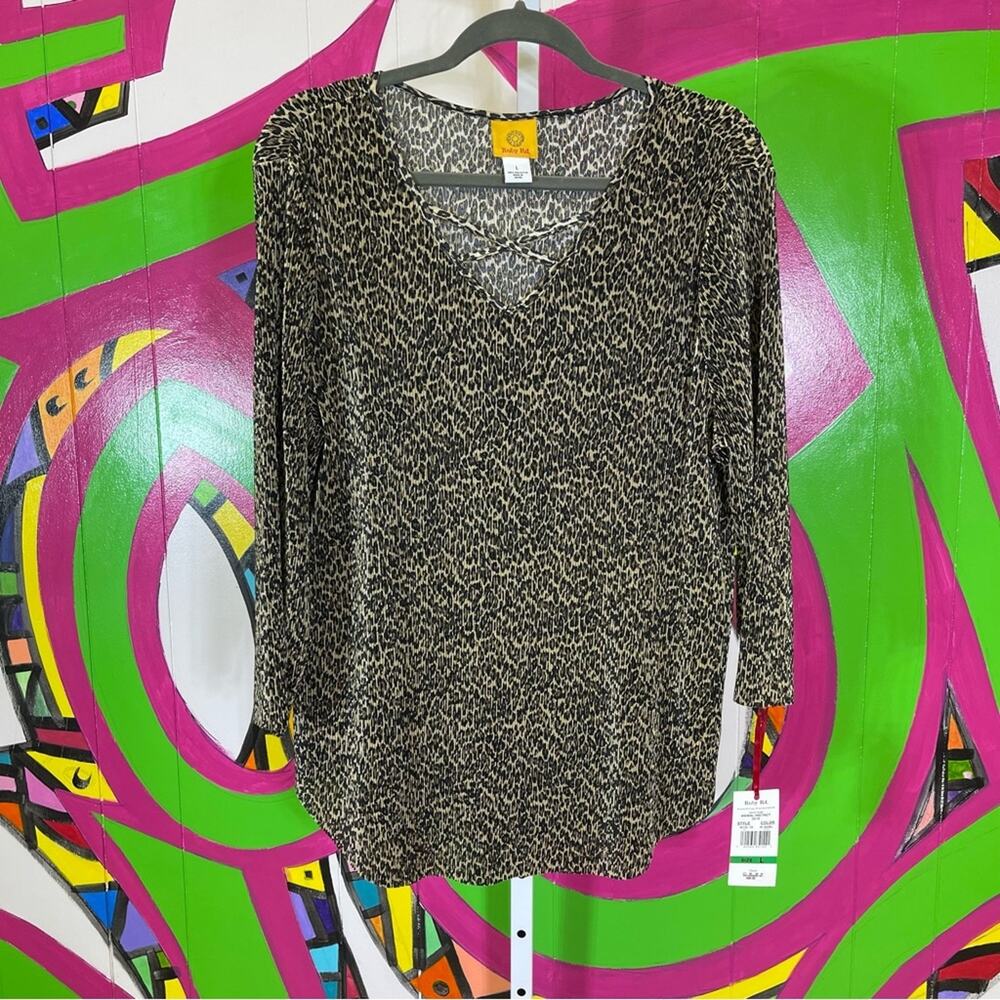 NWT Ruby Rd, Leopard Print Stretchy Blouse Strappy Detail. Size Large.